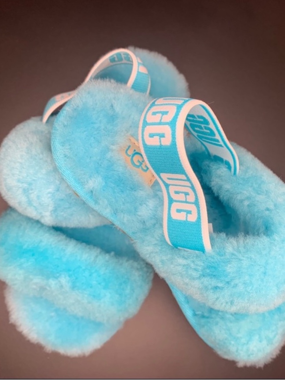UGG Kids Sky Blue Fluffy Slide Sandals